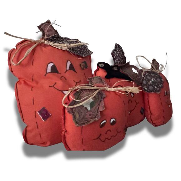 Vintage Fabric Pumpkin Décor Set of 4 – Primitive Handmade Fall Halloween - Picture 2 of 12